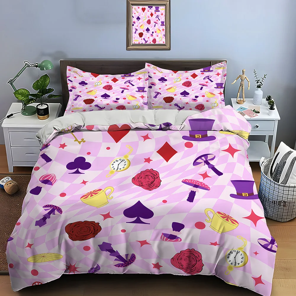 Dream World Card Magic Hat Clock Print Bedding Set 1 Duvet Cover 2 Pillowcases for Adult and Children Luxury Gift Full Size