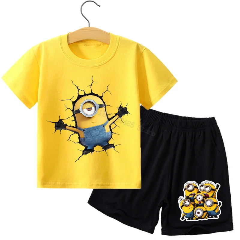 Minionses Children T-shirt Shorts 2-pieces Set Yellow Tops Pants Tracksuit Despicabled Me 4 Cartoon Figure Print Kawaii for Kids