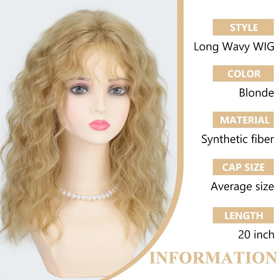 باروكات أشقر طويلة مموجة مع غرة للنساء: باروكات شعر صناعية مجعدة طبيعية متوسطة الطول مثالية لأزياء الهالوين التنكرية