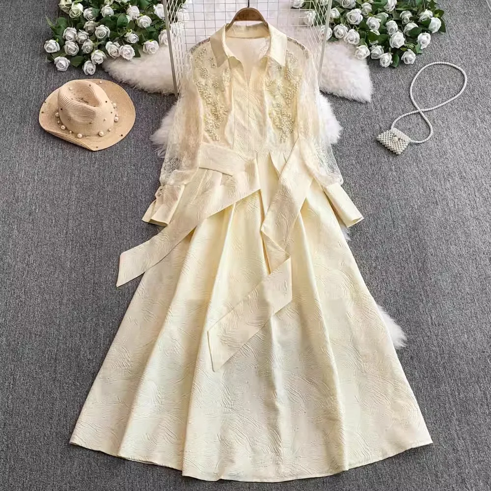 Robe française élégante en maille et dentelle brodée de fleurs, à volants et perles, simple boutonnage, ceinture, robes de soirée pour femmes