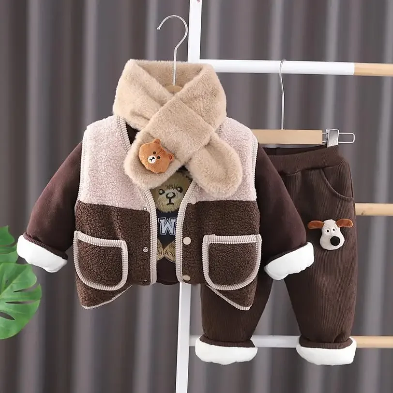 Toddler Boy Christmas Sets 2024 Winter Baby Kids Clothes Warm Fleece Vest+Velvet Hodded Sweatshirt+Pants 3Pcs Boutique Outfits