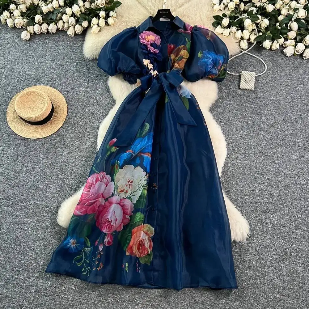 Chic vintage Sexy print mesh lace-up button Fairy Summer Women Boho Sundress women clothing Long dress