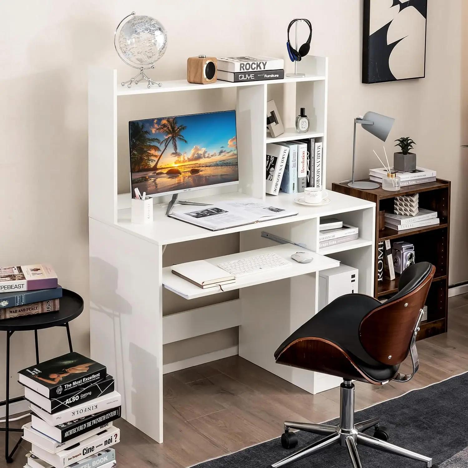 Computer Desk with Hutch, 43.5 Inch Home Office Desk with Keyboard Tray & Charging Station, Laptop Table for Workstation, Study