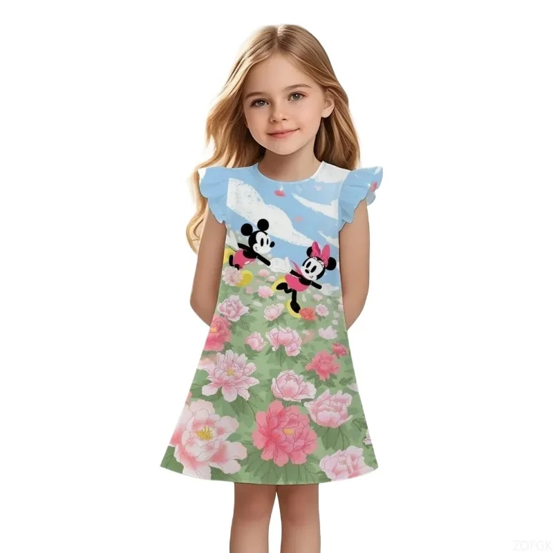 فستان صيفي للفتيات بتصميم جديد فستان أميرات ميكي ماوس بأكمام قصيرة للأطفال بأكمام طائرة