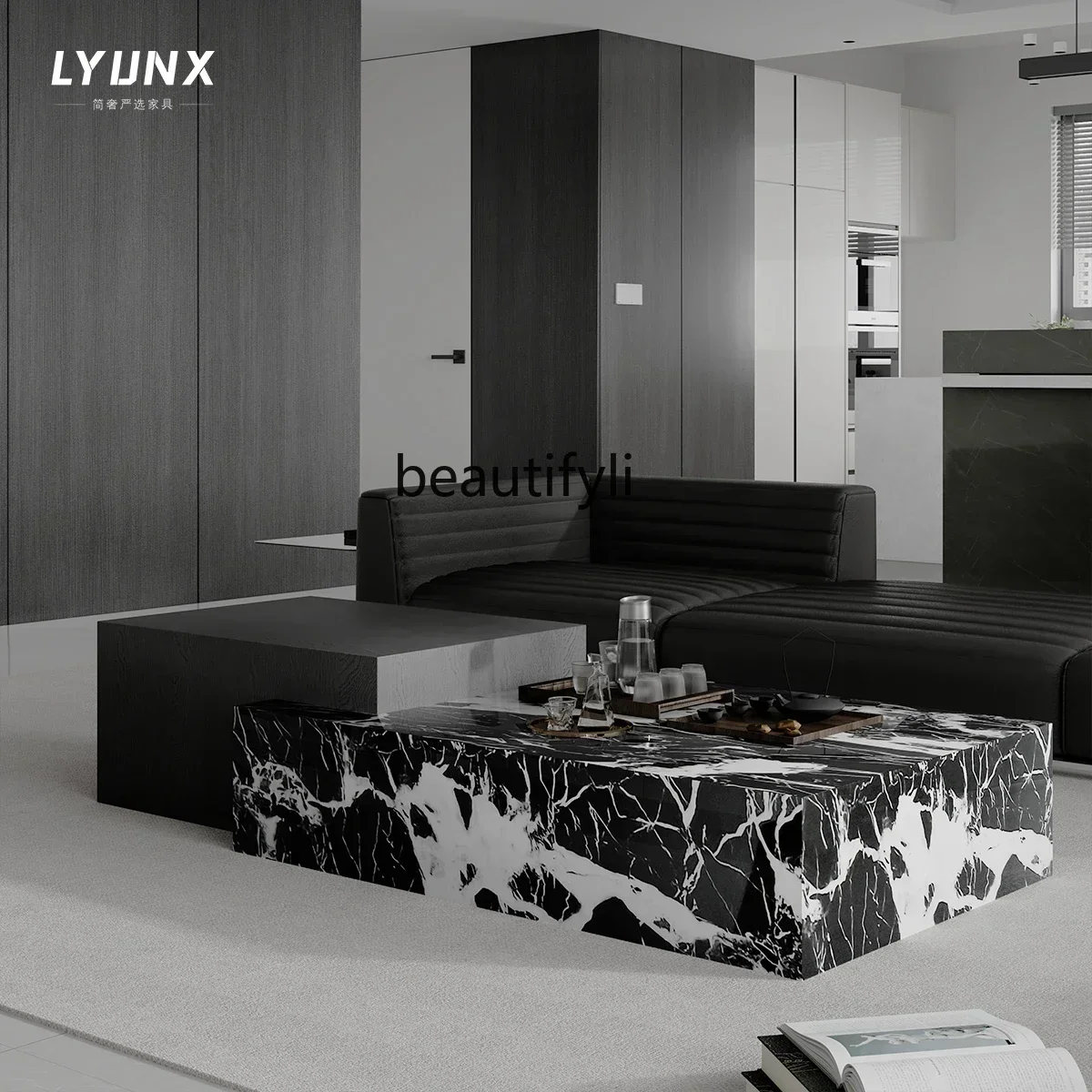 

xzzA16 Natural marble coffee table simple high-end square combination living room Italian light luxury tea table