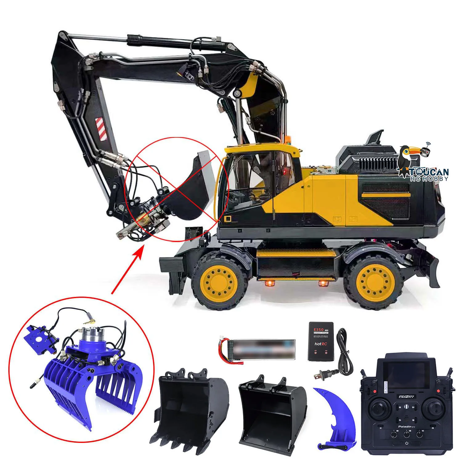 MTM 1:14 Scale RC Hydraulic Digger RTR Metal 3-Arms EC380 Wheeled PL18EV Remote Control Excavator Model Sound System Lights