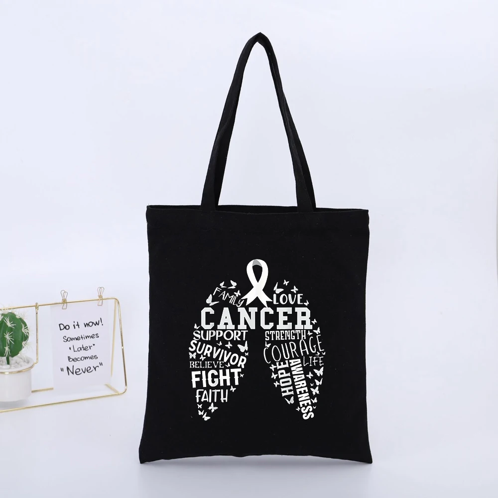 Typography Print Canvas Tote Bag with Awareness Ribbon, Casual Style for Daily Shopping and Support Events
