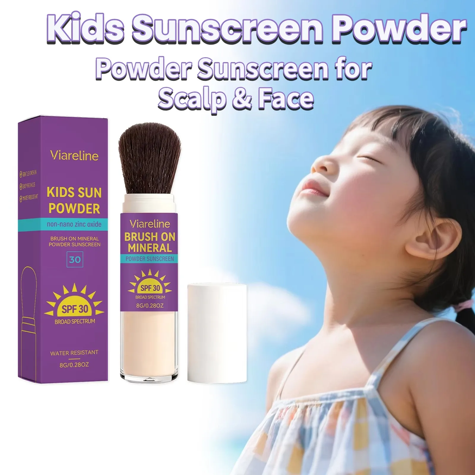 Brush-On Sunscreen Powder for Kids SPF 30 Mineral Powder For Toddlers Babies Mess-Free Daily Sun Shield for Scalp, Hair & Face