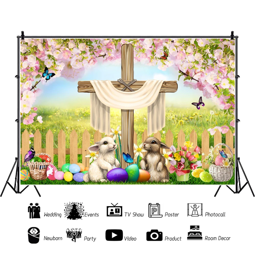 Fond de photographie de Pâques, croix, œufs, lapin, vert, ange, floral, croyance religieuse, église, chrétien, joyeux Pâques, accessoires de toile de fond