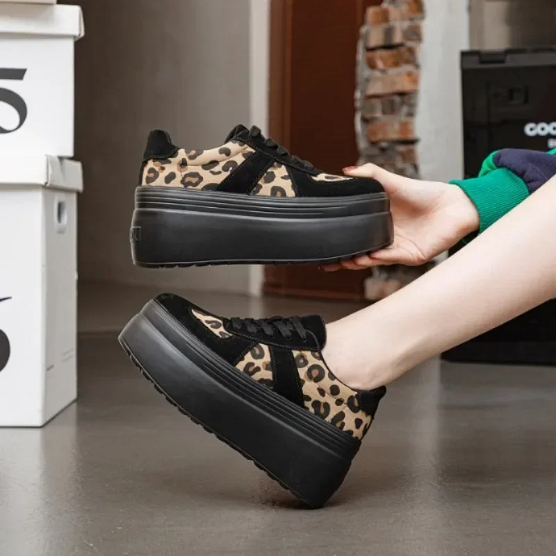 8CM Genuine Leather Women Streth Fabric Autumn Chunky Sneaker Vulcanize Leopard Loafer Flats Spring Platform Wedge Fashion Shoes