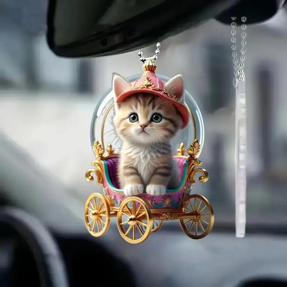 Kitten Car Pendant Hanging Ornament Acrylic Rearview Mirror Decor Cute Cat Bag Charm Car Interior Accessories Кошачьи Ключи