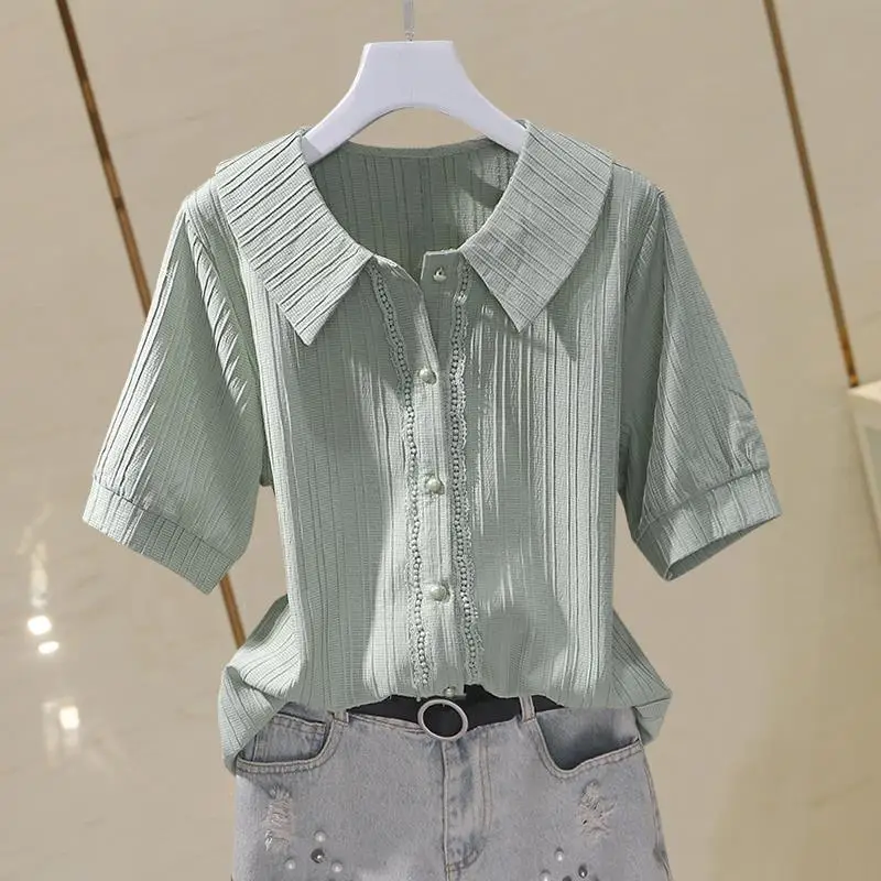 Camisa elegante con cuello Peter Pan para mujer, blusa holgada informal con volantes que combina con todo para oficina, novedad de verano 2023