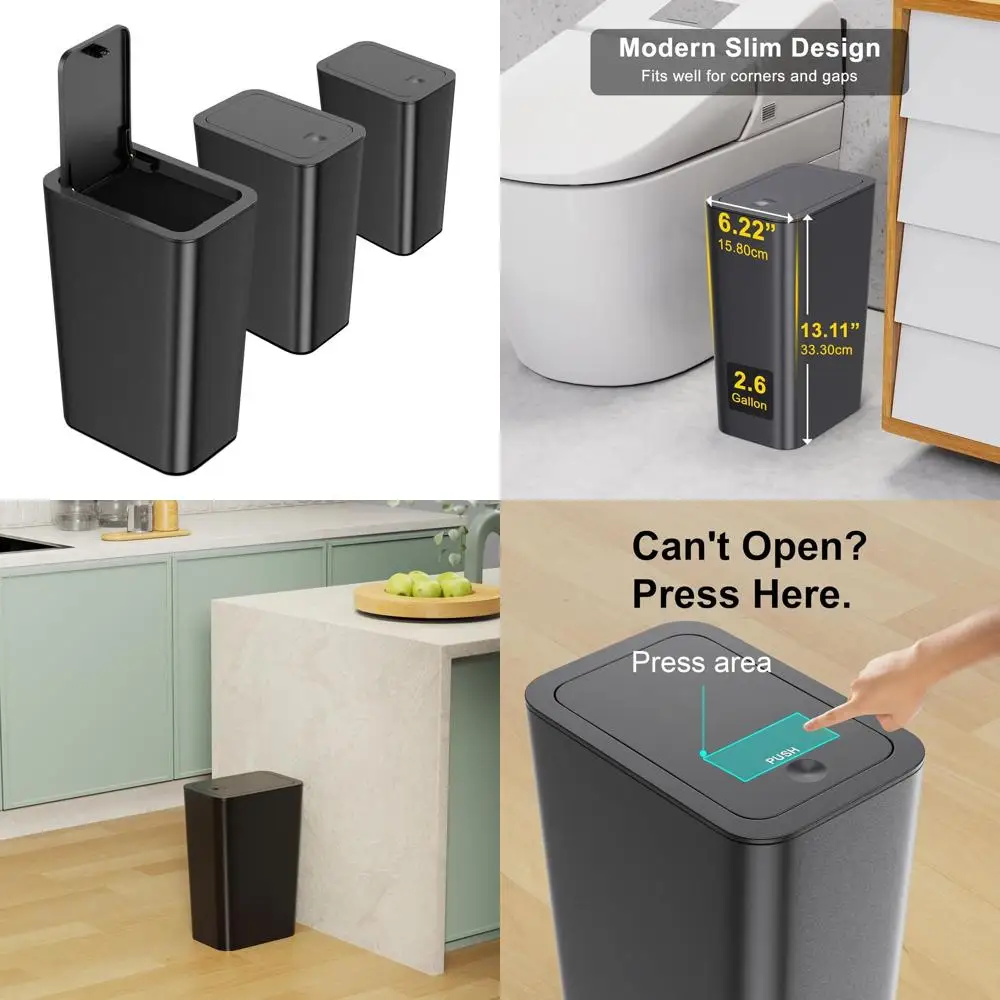 

Compact 10L Trash Bin with Lid, 2.6 Gallon Slim Wastebasket for Home & Office - Black