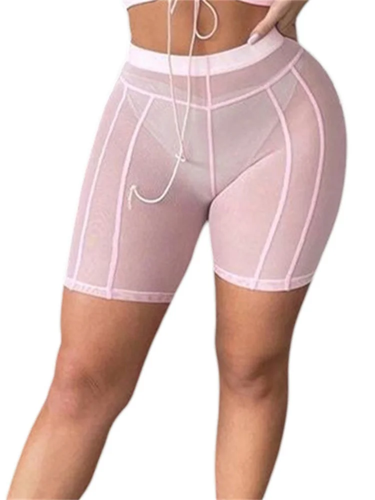 CHRONSTYLE Mesh Sheer Shorts Pants See Through Solid Color High Waist Clubwear Female Bodycon Summer Biker Shorts Bottoms 2022