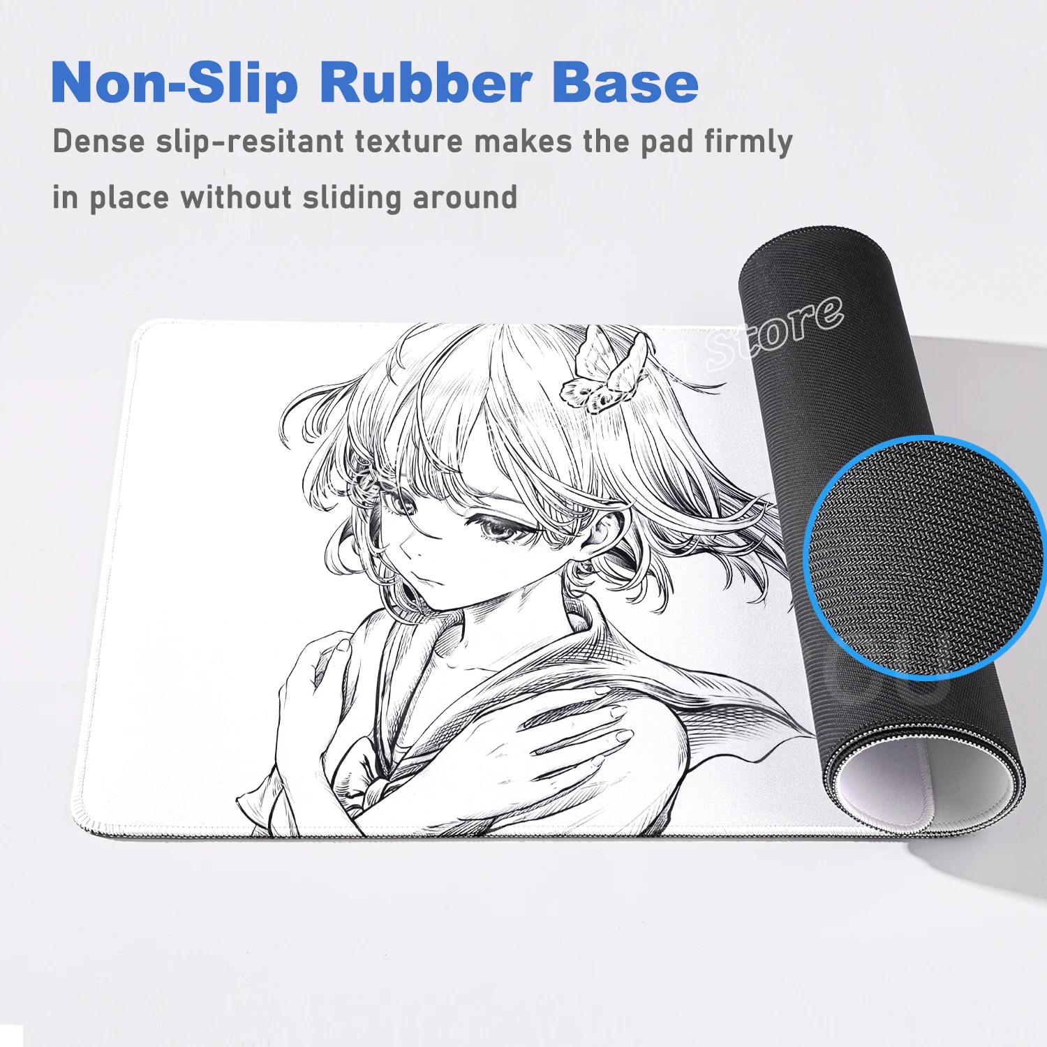 Zwart-wit Anime Girl Tafelmat Grote Muismat Kantoortoetsenbord Vergrendelingsrand Bureaumat Gaming Accessoires Antislip Muismat