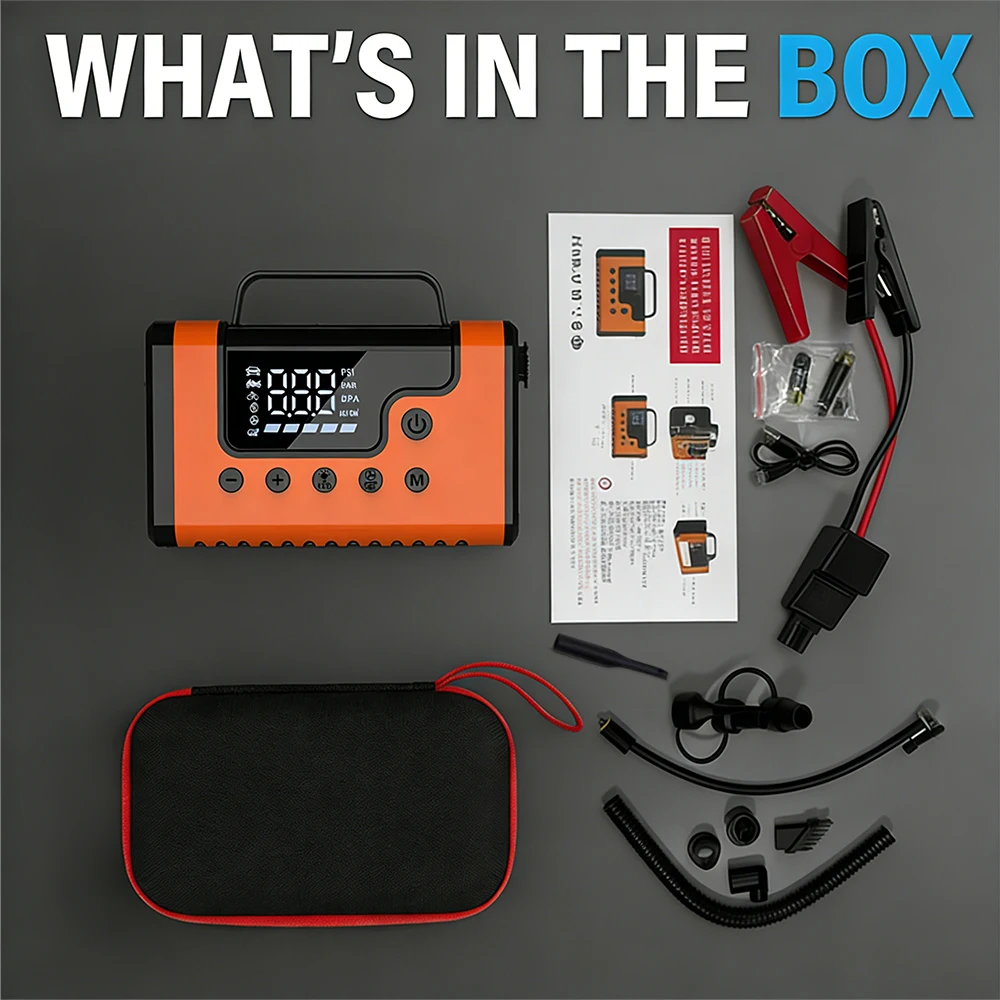 

37000mwh Heavy-Duty Car Jump Starter, Tire Inflator & Vacuum All-in-One – 12V Emergency Power Bank with Battery Booster