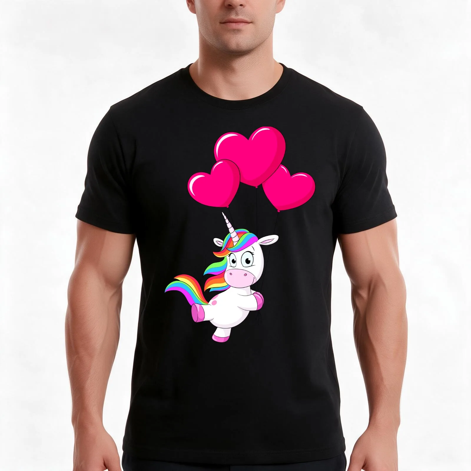 Cute unicorn floats on heart balloons T-Shirt, Summer Casual Cotton Tee, Oversized Streetwear Tops, Vintage Graphic Print