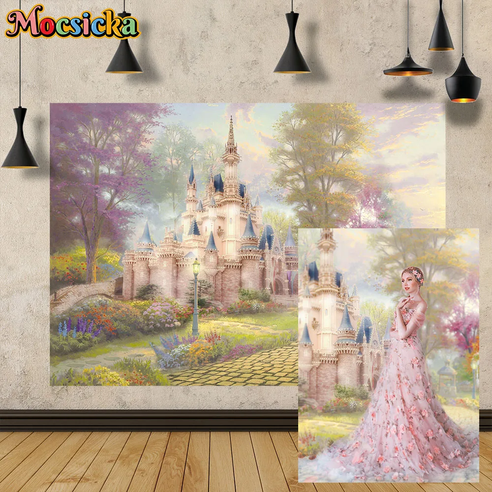 

Mocsicka Pink Fantasy Forest Castle Photography Kid Birthday Background Princess Girl Party Backdrop Banner Studio Supplies Prop