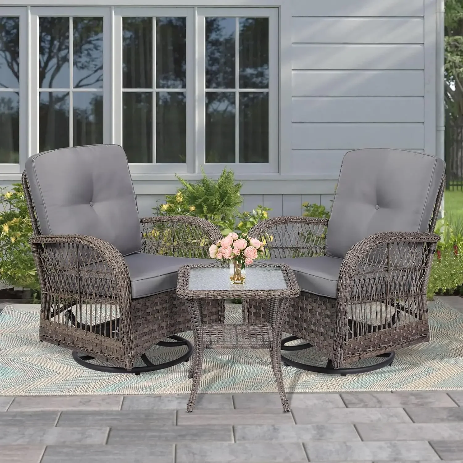 

3 Pieces Outdoor Wicker Swivel Rocker Patio Set, Rocking Chairs Rattan Patio Furniture Sets with Thickened Cushion