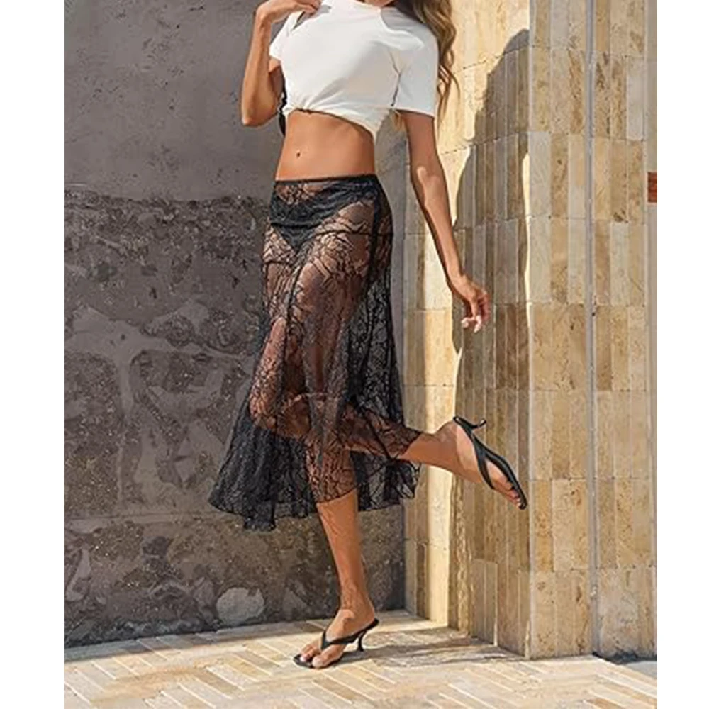 

Women Summer y2k Coquette Sexy Lace Flower Sheer Maxi Skirts Elastic Waist See Through Long Skirts Bathing Suits Beachwear