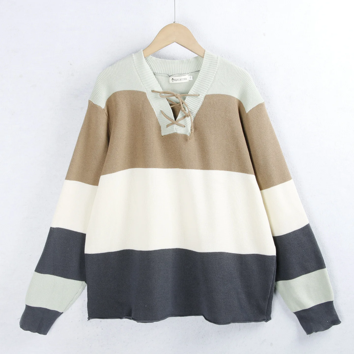 

Цветной вязаный свитер с V-образным вырезом и завязкой на талии, модный, большой размер, длинный све, женский милый трикотаж, повседневный Sle