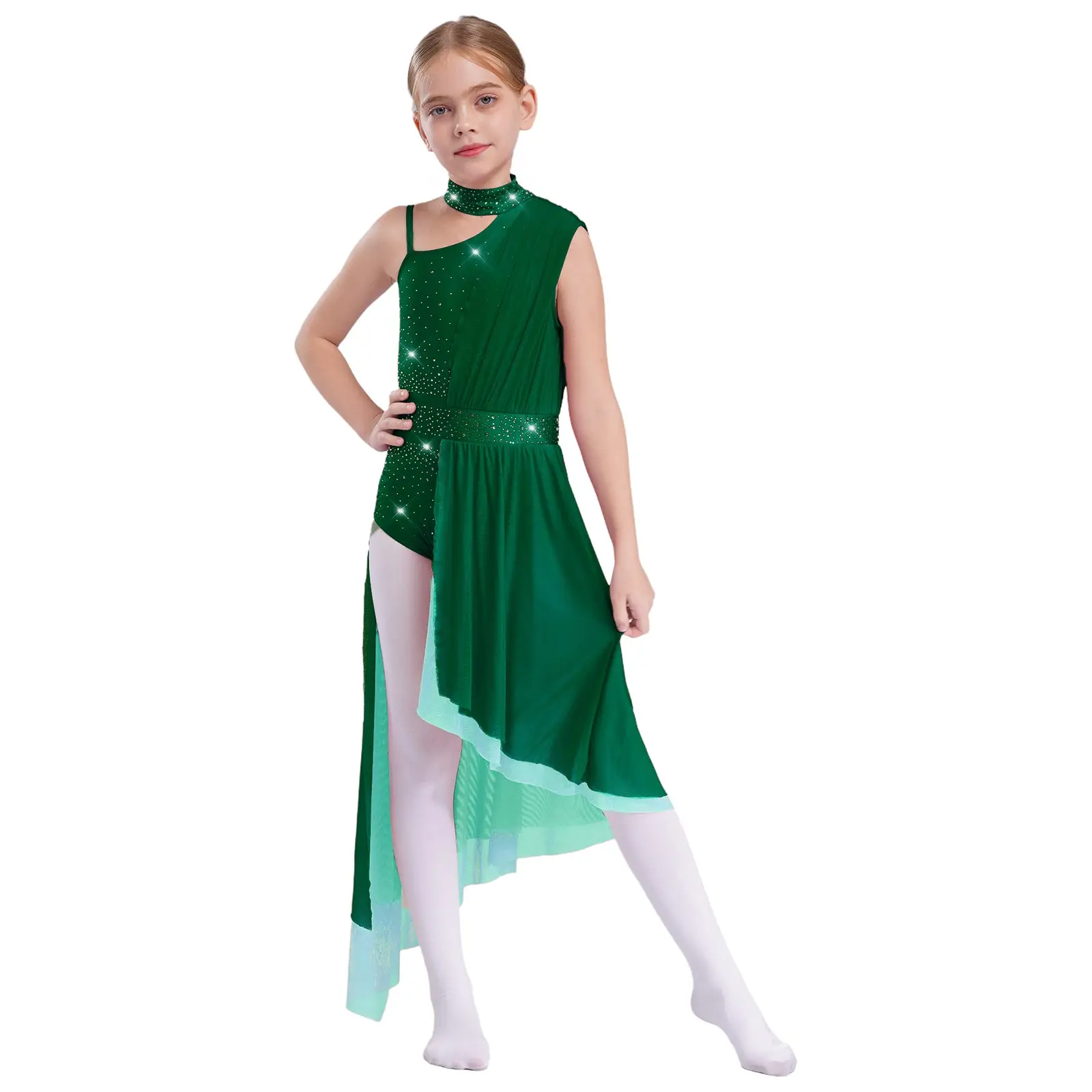 Costumes de danse de patinage artistique pour filles, sans manches, dos découpé, justaucorps de Jazz, jupe en maille transparente, tenue pour la pratique du Ballet