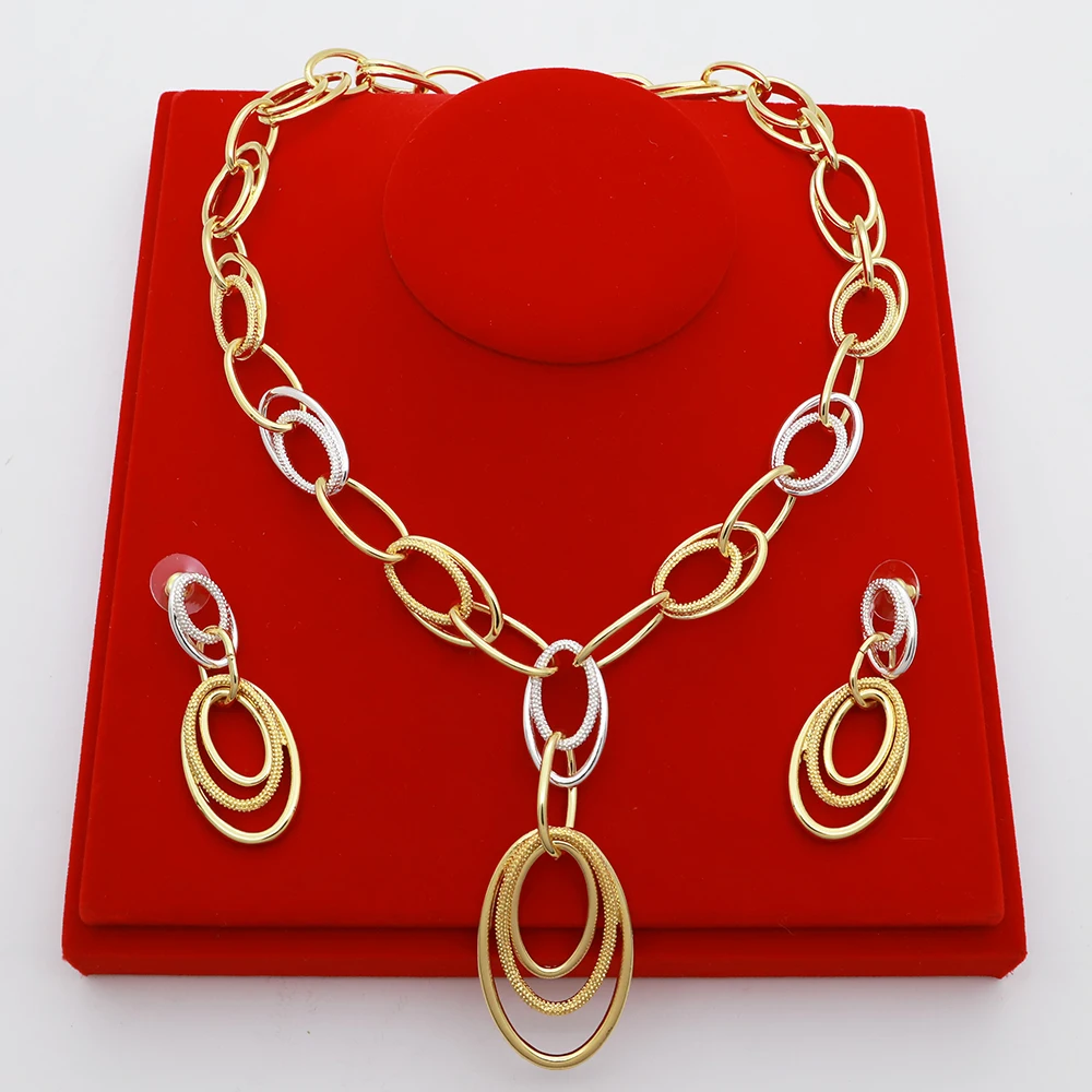 

Italy 18K Gold Plated Jewelry Sets For Women Classic Bicolor Design Necklace Earrings Fashion 2PCS Set Jewelry