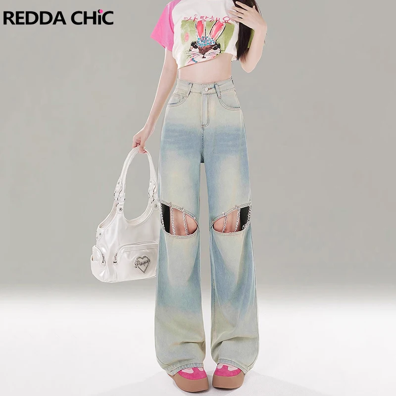 

REDDACHiC Chain Decor Destroyed Baggy Jeans Women Gradient High Waist Straight Casual Wide Leg Denim Pants Hiphop Retro Clothes