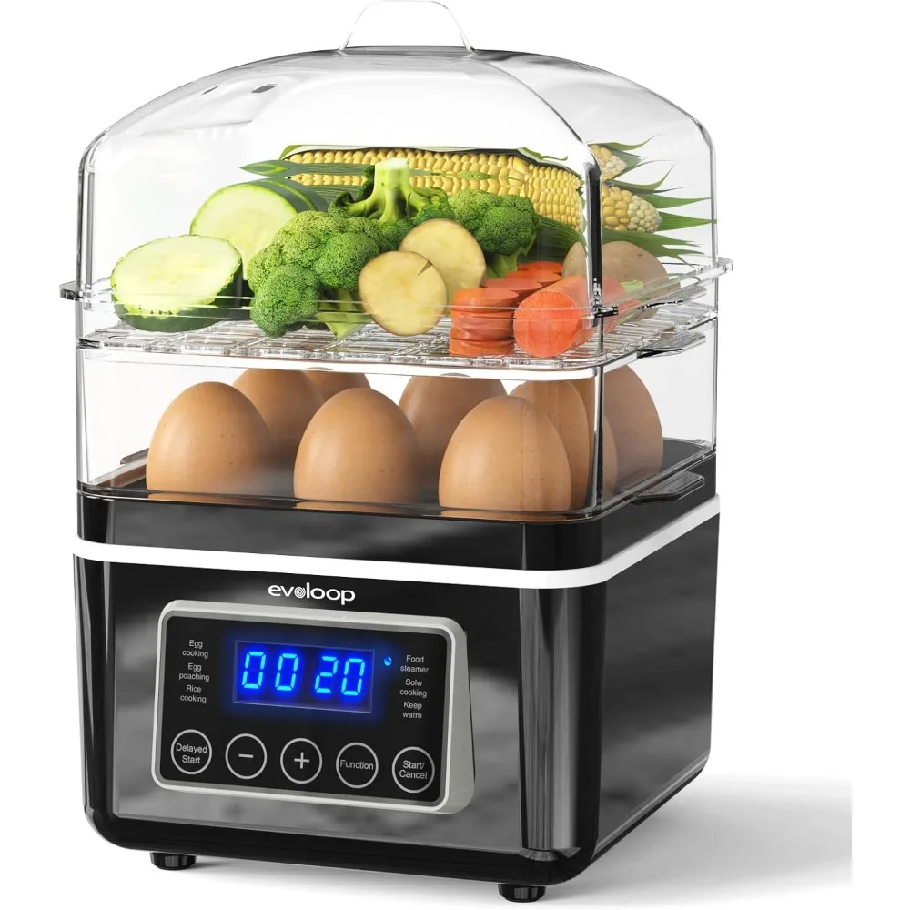 Cuiseur vapeur électrique à 2 niveaux pour la cuisson, cuiseur vapeur multi-légumes numérique 4 QT avec paniers empilables sans BPA, cuiseur à œufs rapide