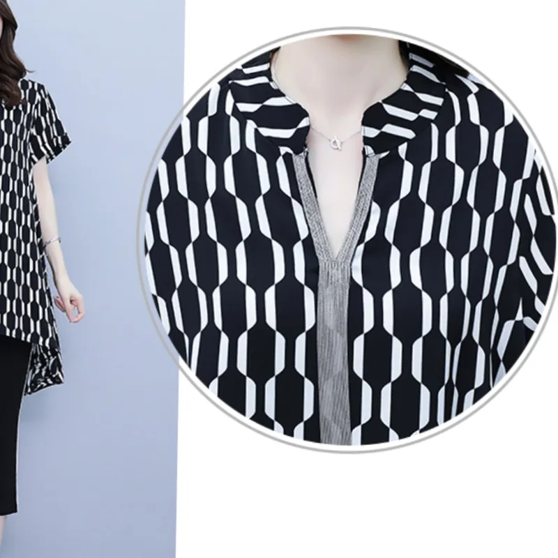 2024 Temperament Printed Half Open Collar Summer Women's Mid Length Short Sleeved Fashion Versatile Elegant Loose Chiffon Tops