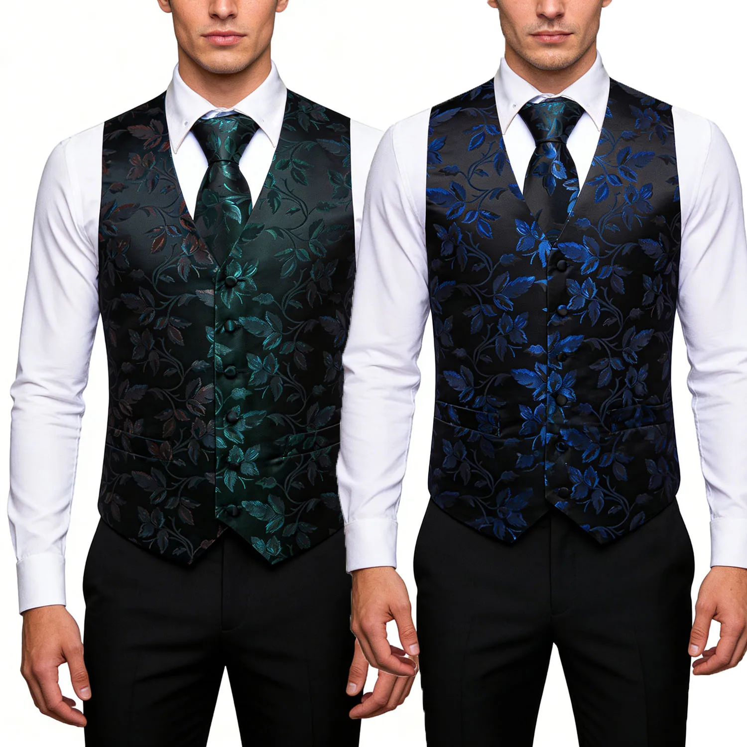 Men's Elegant Floral Vest & Tie Hanky Cufflinks Set – Formal Wine Green Blue Waistcoat for Weddings Events Party Gift
