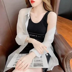 Chiffon Thin Loose Cardigan Summer New Long Sleeve Polo Neck Solid Color Basic Shirt Tops Sexy Trend Fashion Women Clothing