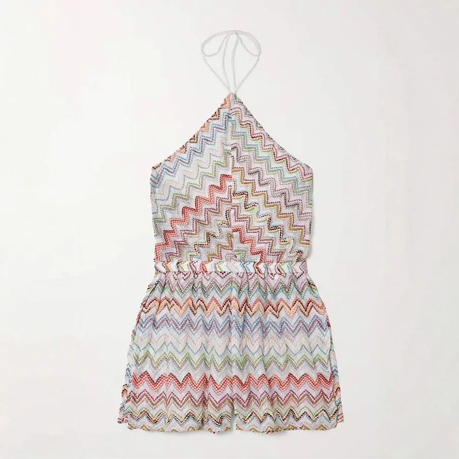 2025 novo verão sexy menina quente impresso onda colorida sem costas halter pescoço fenda macacão uma peça roupa feminina