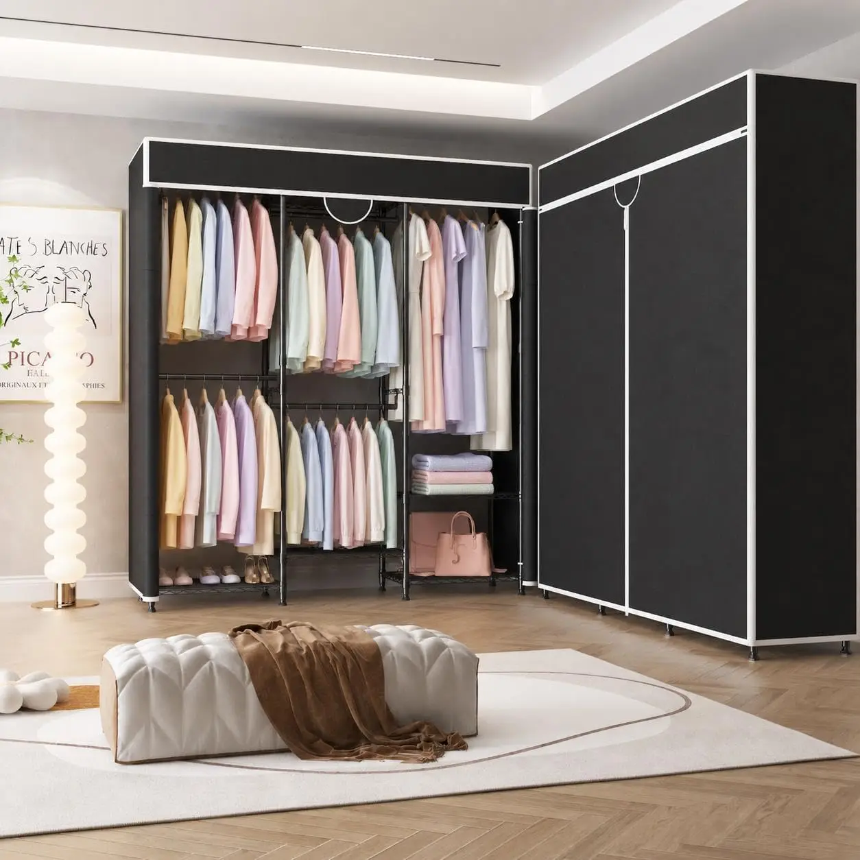 Garvee Heavy Duty Hanging Shelf Portable Closet for Hanging Clothes 1100LBS Wardrobe Garment Storage Organizers Adjustable Shelves/Rods, Side Hooks for Bedroom Dorm