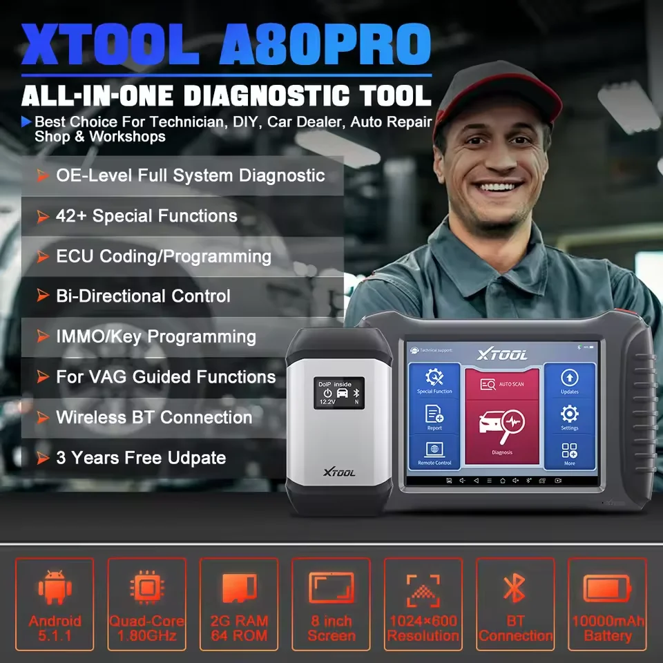 أداة برمجة وحدة التحكم الإلكترونية XTOOL A80PRO، أداة تشخيص، برمجة المفاتيح، ماسح ضوئي للسيارات، 42+ إعادة تعيين، خريطة الطوبولوجيا، CAN FD/DoIP مدمج