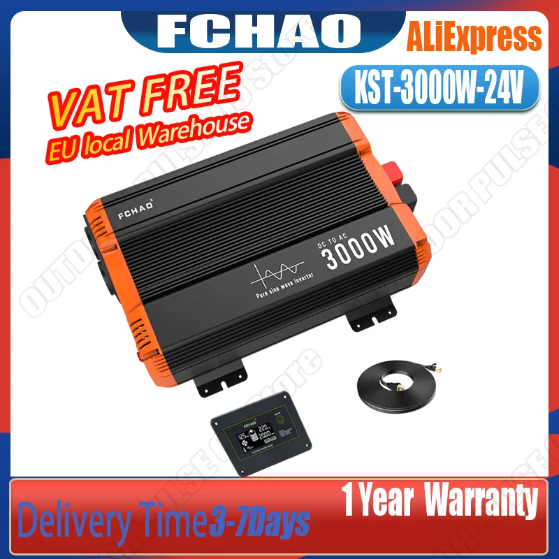 Convertisseur de courant FCHAO 3000 Watt 50Hz, prise EU, DC 24V vers AC 220V/230V, onde sinusoïdale pure, pour usage domestique, camping-car et voyages en extérieur