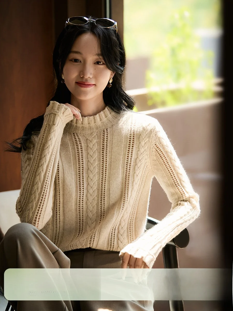 

Ele Knitted Sweater with awl Collar And Lace Trim Wool Camere Blend Flower Twist Design Long Sve Women's Faion