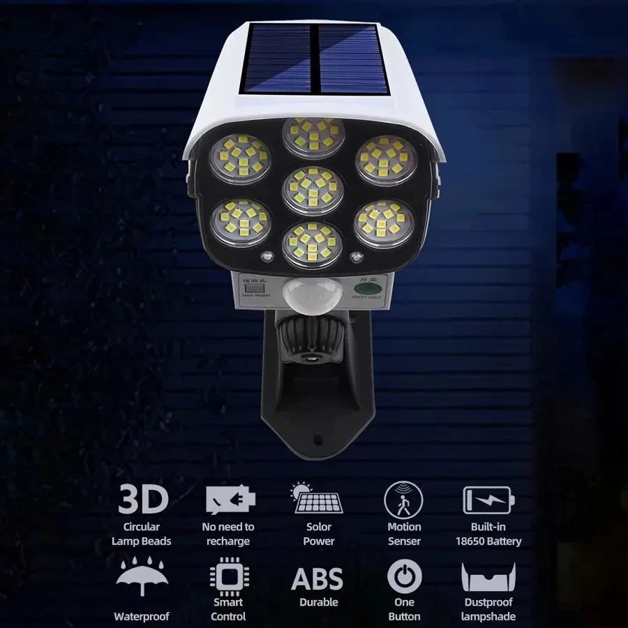 77 LED capteur de mouvement extérieur lumières solaires projecteur étanche sans fil factice leurre fausse caméra de sécurité pour porche jardin Patio