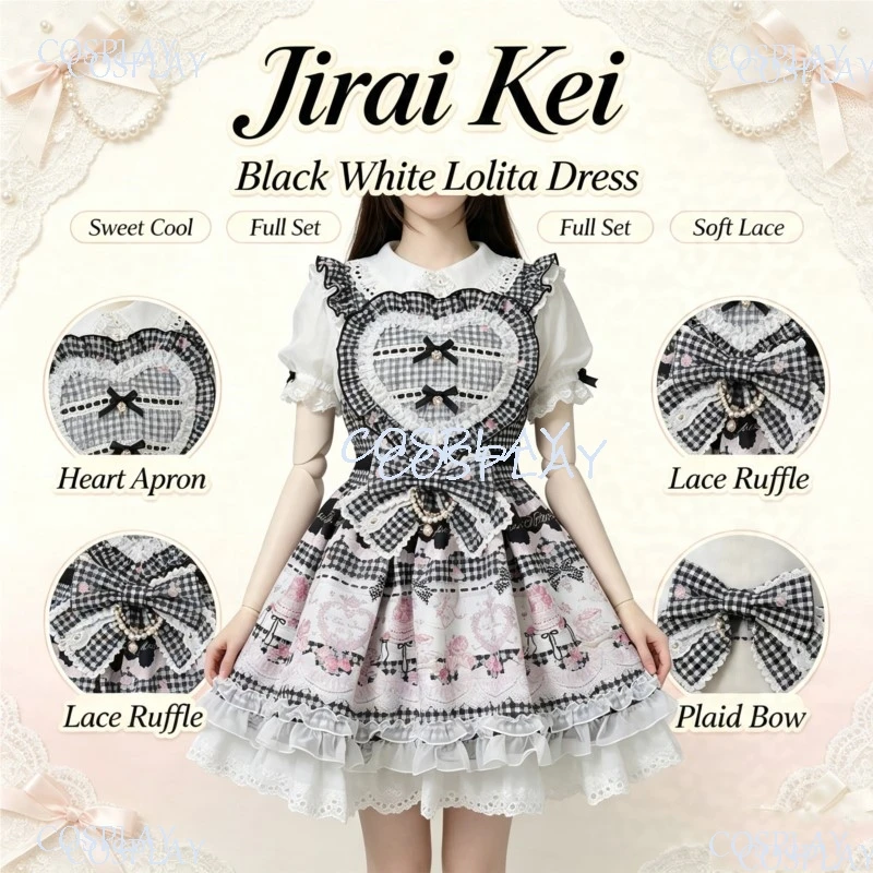 Sommer Damen Prinzessin Tee-Party Lolita Kleid Jirai Kei Japanisches Süßes Kariertes Herz-Schleifenkleid Kurzes Kleid Shorts Set Outfits Auf Lager