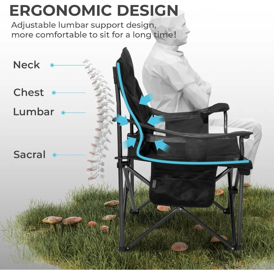 كرسي تخييم كبير الحجم للبالغين، عبوة من قطعتين كرسي حديقة محمول عالي التحمل وقابل للطي مع مقعد مبطن ودعم قطني خلفي 4can Coo #3