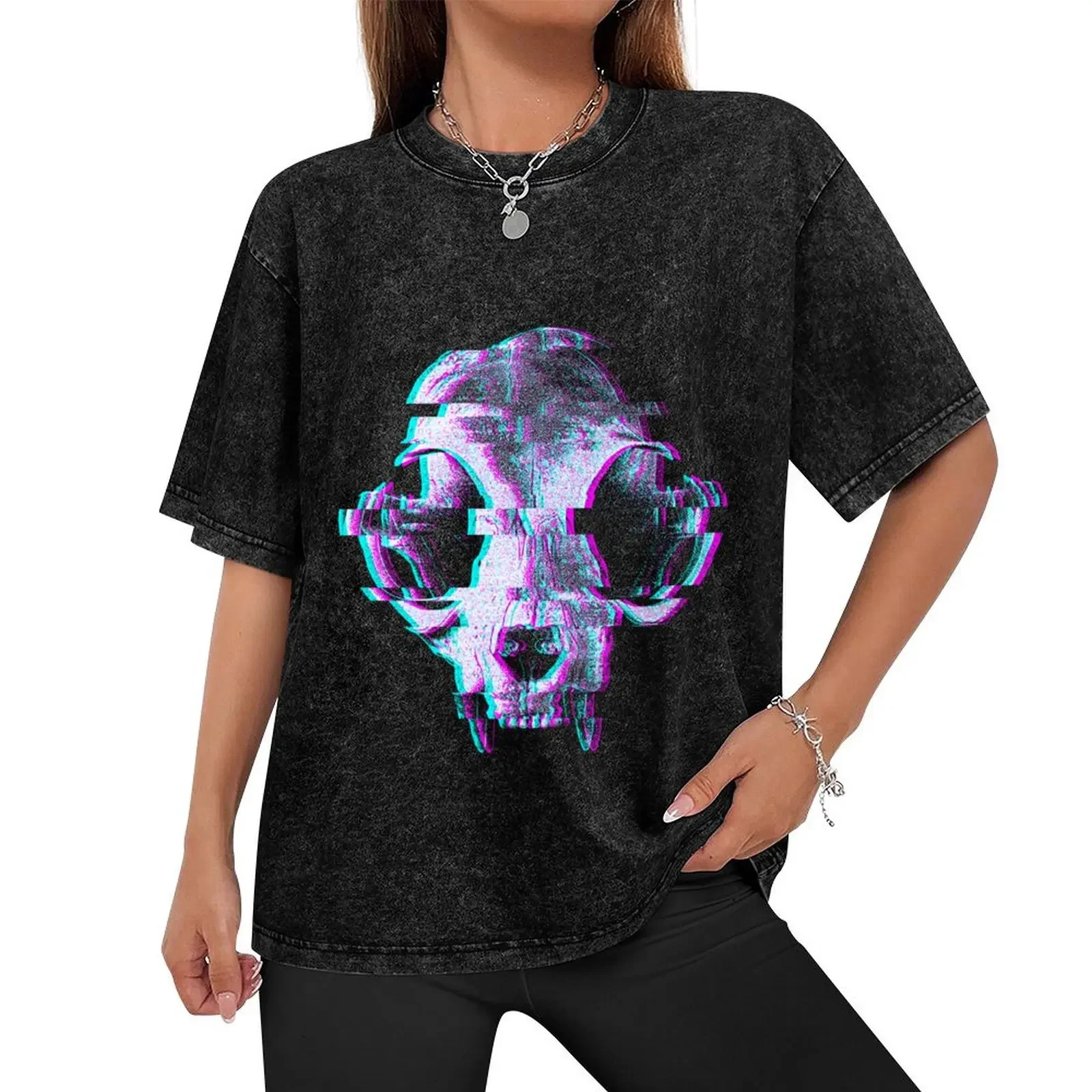 Cat Skull Glitch T-Shirt oversized t shirt anime cheap stuff compression shirt men