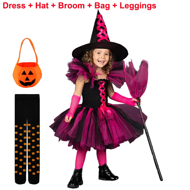 Baby Girls Halloween Witch Costume Children Cosplay Vampire Princess Dresses Kids Dress Up Clothes With Hat Carnival Party Gift