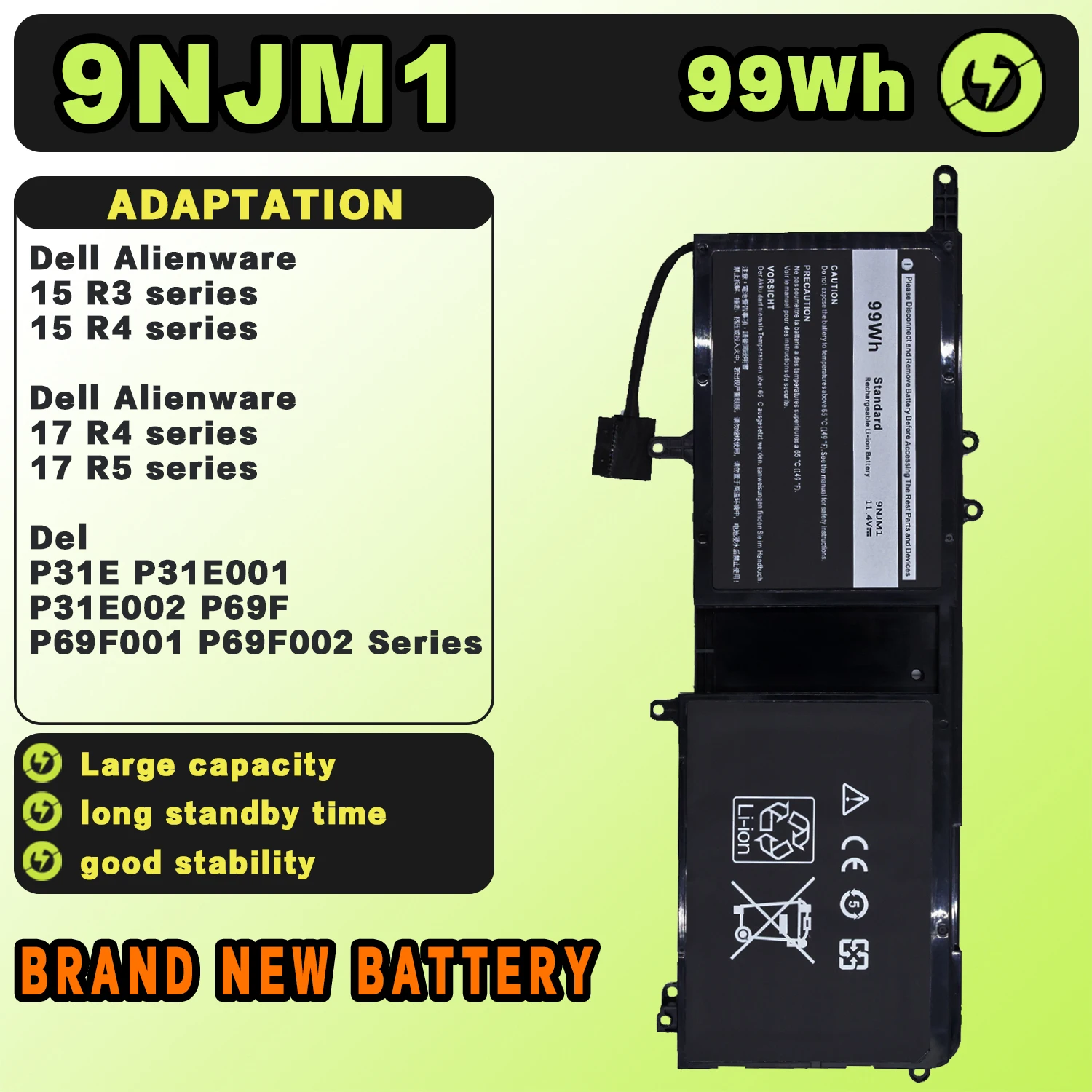 SAT 9NJM1 New Laptop Batteries Replacement For DELL Alienware 15 R3 R4 17 R4/5 P31E 11.4V-99Wh-8684mAh