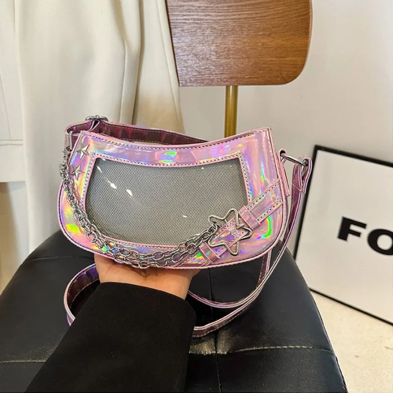 Personality Transparent Holographic Ita Bag Sweet Cool Y2k Aesthetic Punk Shoulder Handbags Women Vintage Ins Chain Underarm Bag