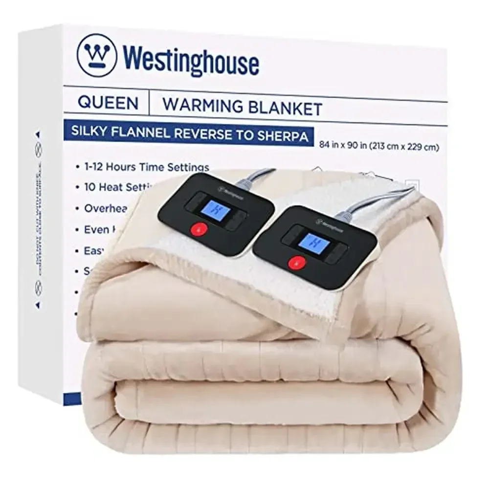 

Queen Size Heated Blanket with 10 Heat Levels and 1-12 Hours Timer Settings Flannel Sherpa Electric Blanket Overheat Protection