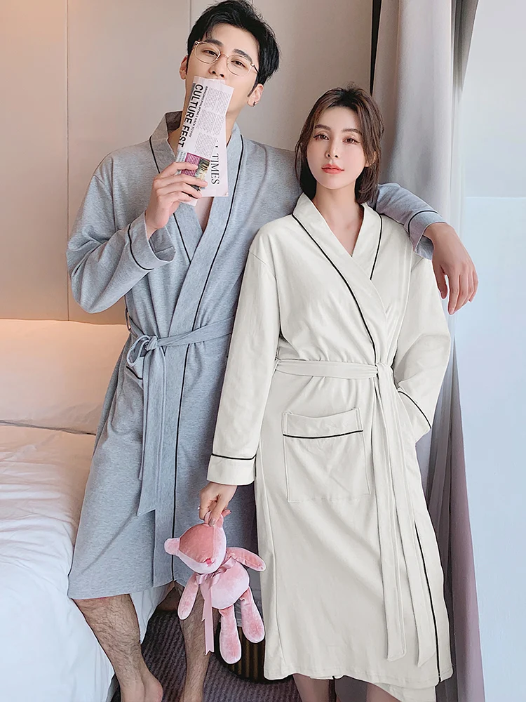 Pure Cotton Bathrobe Long Sleeve Spring Autumn Hotel Style Men's Simple Large Size Sleepwear Summer Women's Style Couple's Ho...