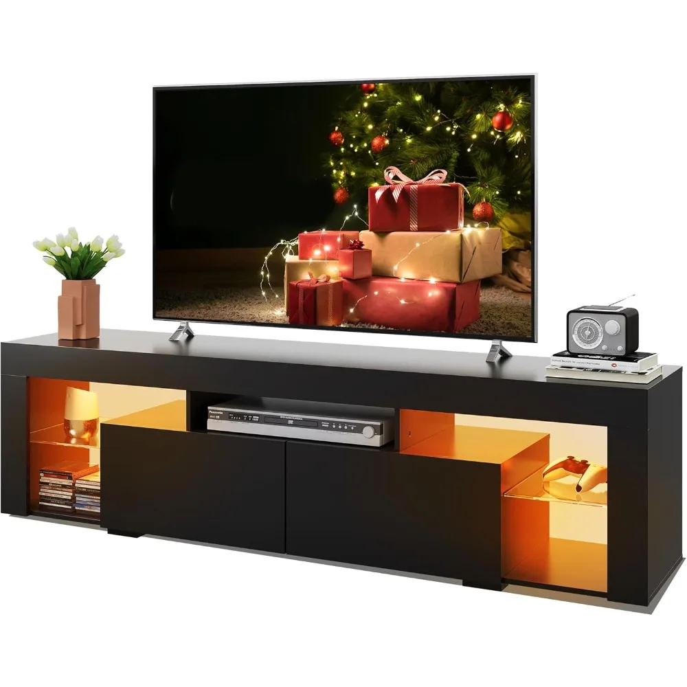 Suporte de TV de 63 polegadas, centro de entretenimento LED para TV de 60 a 70 polegadas, console de TV moderno com 2 gavetas