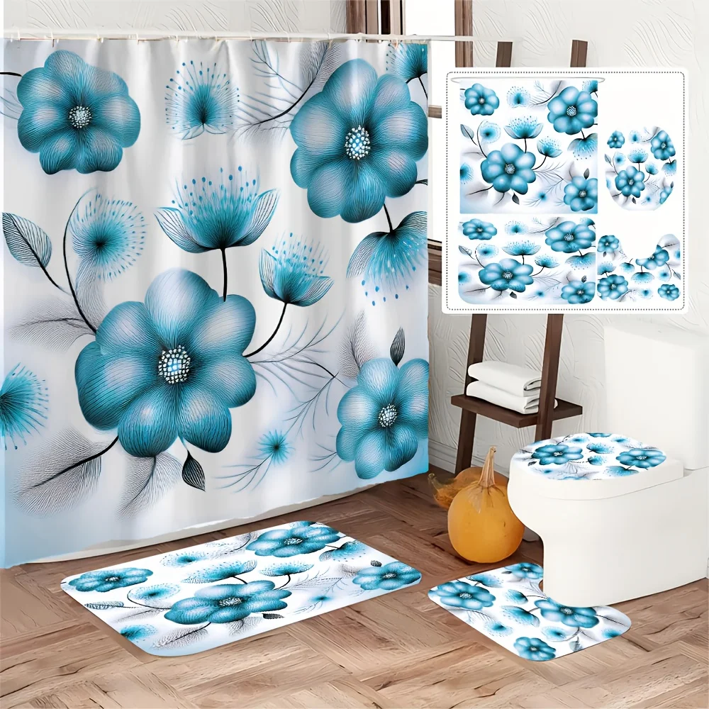 

4-piece blue floral bathroom set, including a U-shaped mat, non-slip mat, toilet seat cover, and shower curtain.