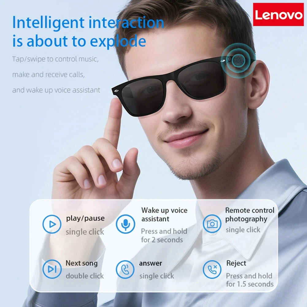 Lenovo New AI Translation Smart Glasses Bluetooth Call Music Headphones UV Protective Outdoor Sports Sunglasses for Women Men