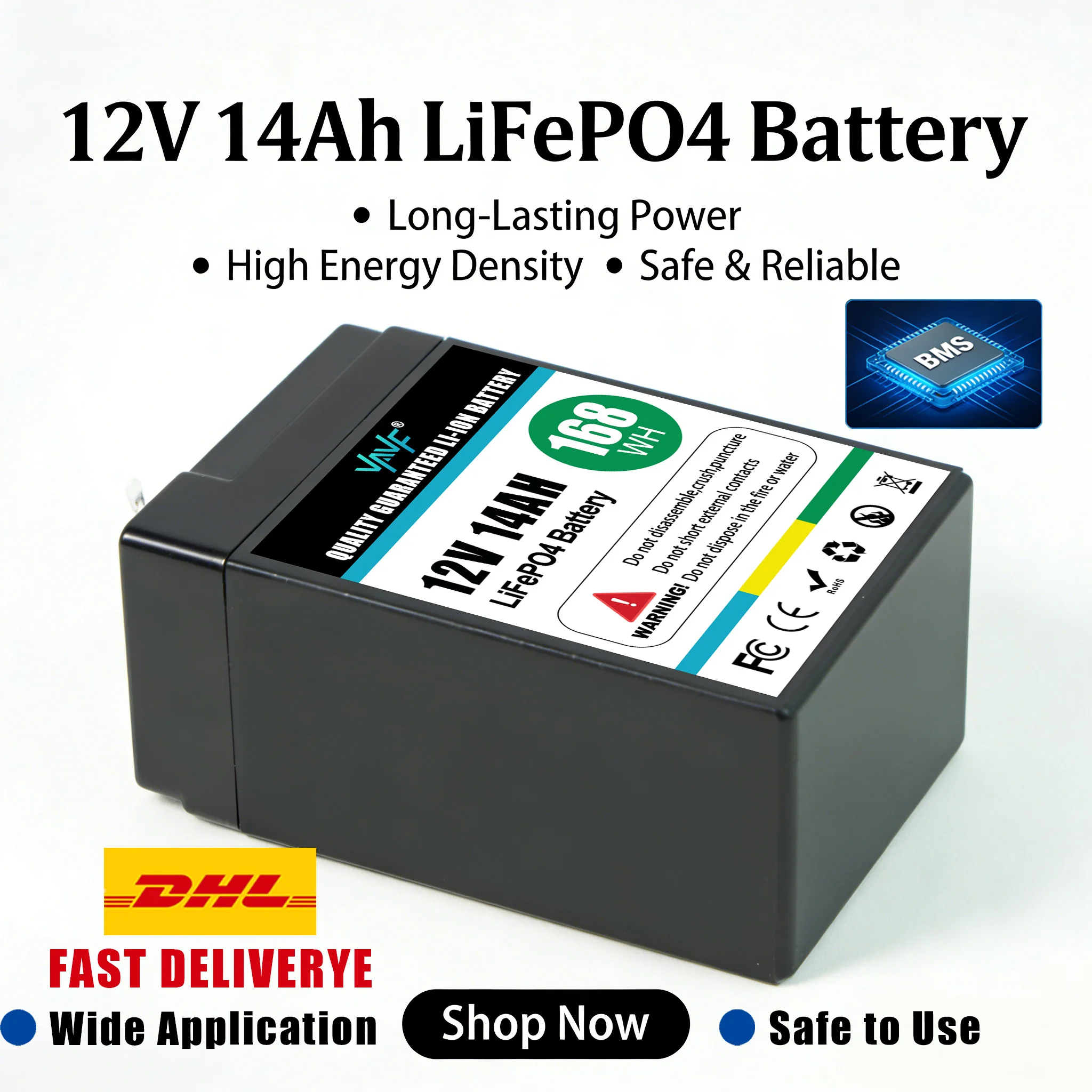 

12В ⛷️ Аккумулятор LiFePO4 14 Ач с BMS, 2000+ циклов заряда, для внедорожных приключений и автономных домов Системы накопления солнечной энергии, автодома, лодки